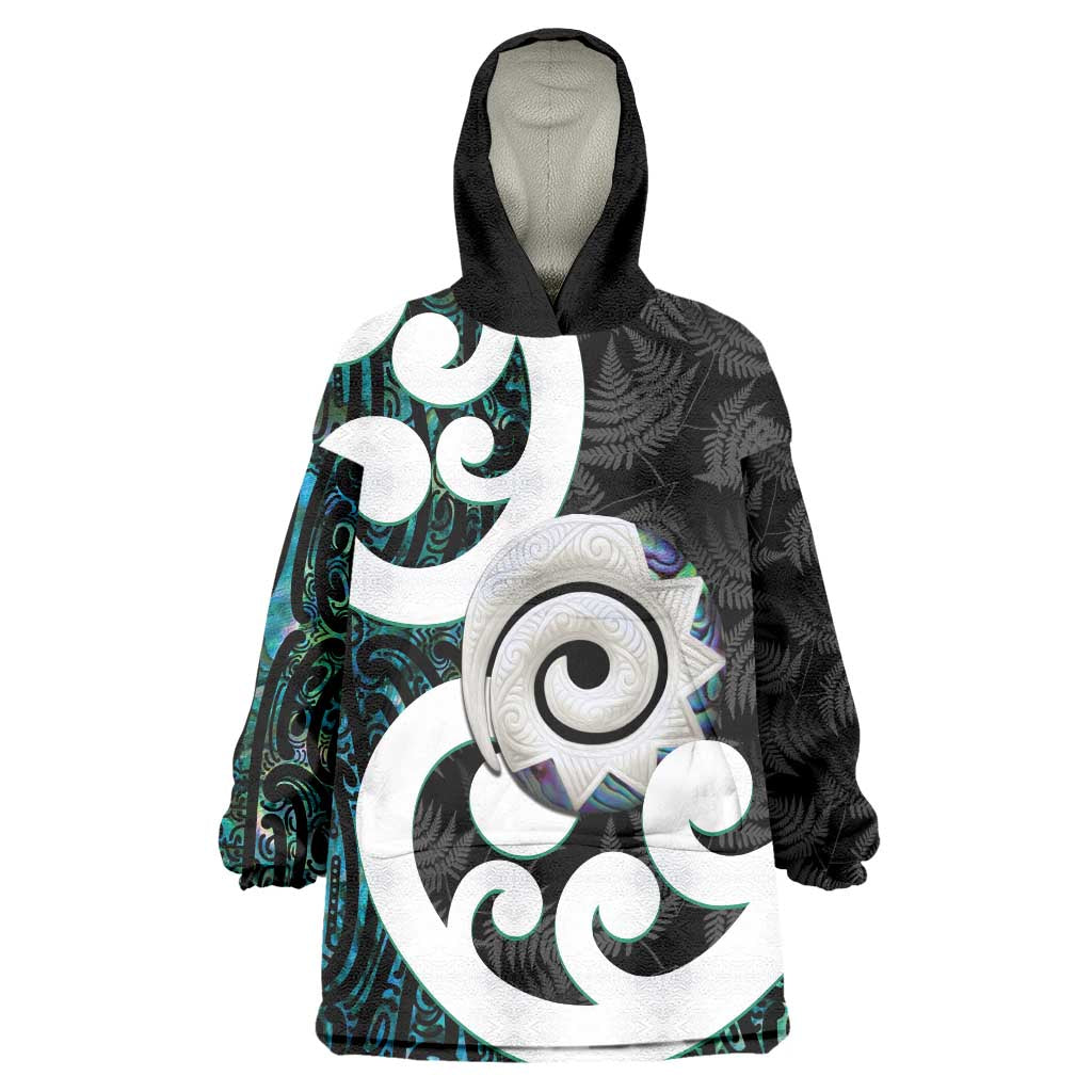 Aotearoa Koru Wearable Blanket Hoodie Cyan Maori Paua Shell Mix Silver Fern - Vibe Hoodie Shop