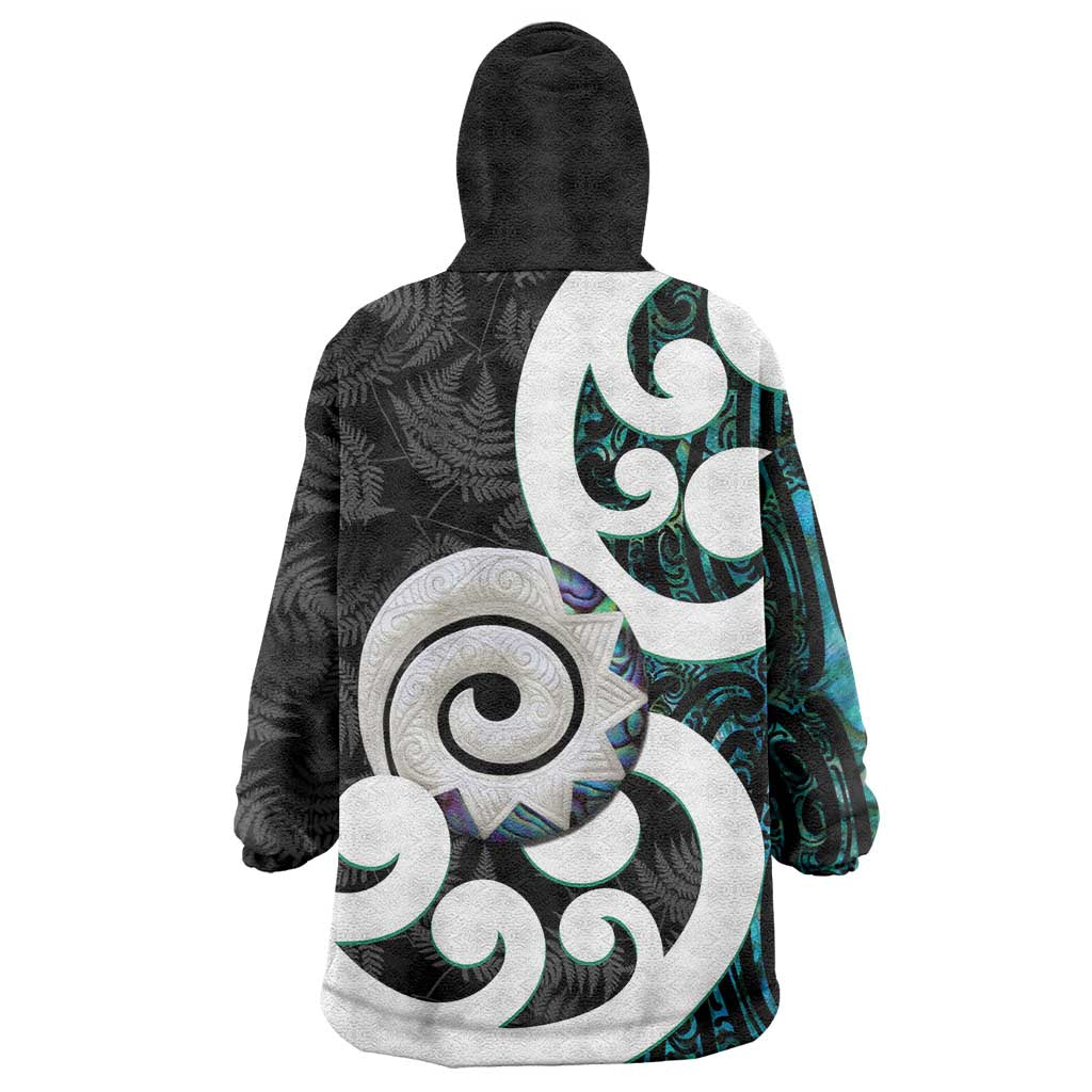 Aotearoa Koru Wearable Blanket Hoodie Cyan Maori Paua Shell Mix Silver Fern - Vibe Hoodie Shop