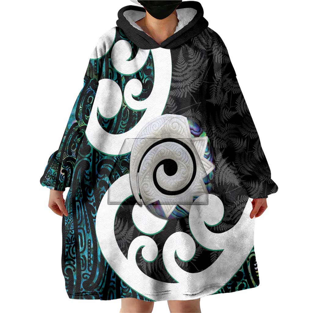 Aotearoa Koru Wearable Blanket Hoodie Cyan Maori Paua Shell Mix Silver Fern - Vibe Hoodie Shop