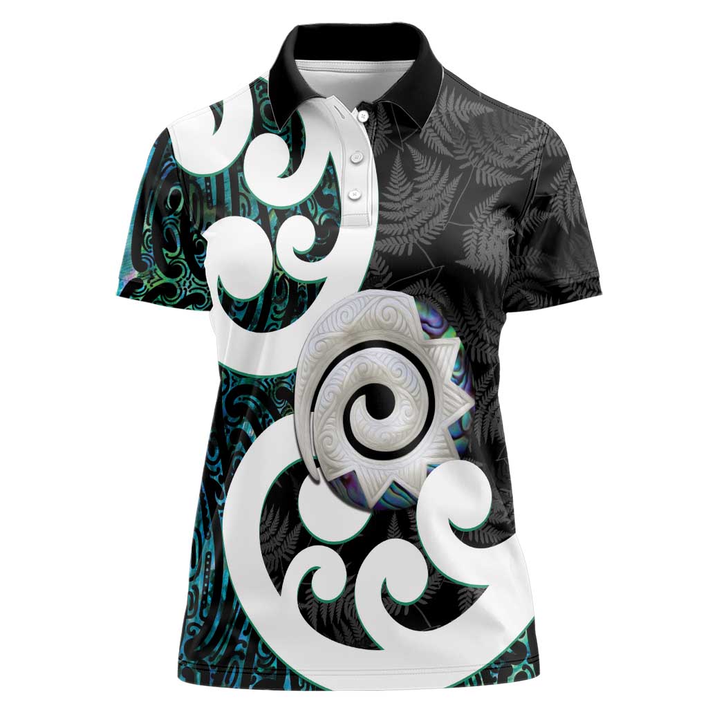 Aotearoa Koru Women Polo Shirt Cyan Maori Paua Shell Mix Silver Fern - Vibe Hoodie Shop