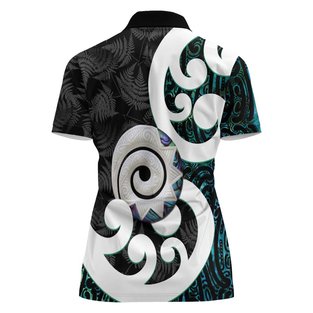 Aotearoa Koru Women Polo Shirt Cyan Maori Paua Shell Mix Silver Fern - Vibe Hoodie Shop