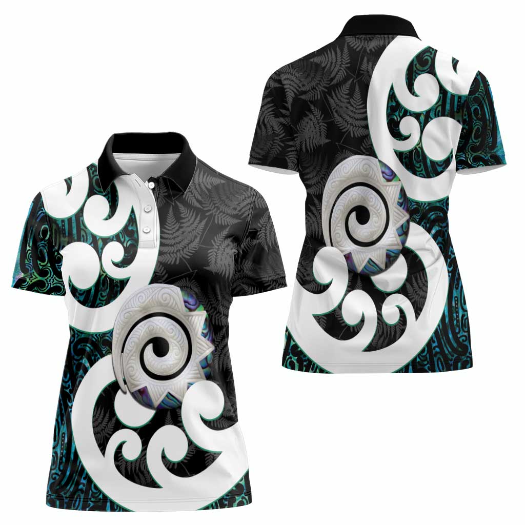 Aotearoa Koru Women Polo Shirt Cyan Maori Paua Shell Mix Silver Fern - Vibe Hoodie Shop