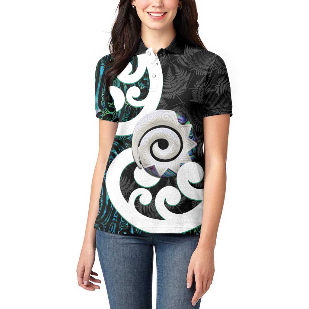 Aotearoa Koru Women Polo Shirt Cyan Maori Paua Shell Mix Silver Fern - Vibe Hoodie Shop