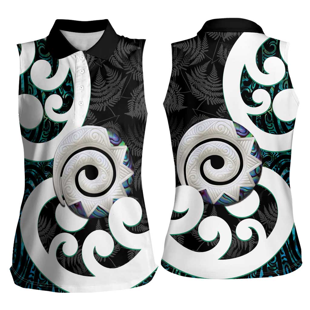 Aotearoa Koru Women Sleeveless Polo Shirt Cyan Maori Paua Shell Mix Silver Fern