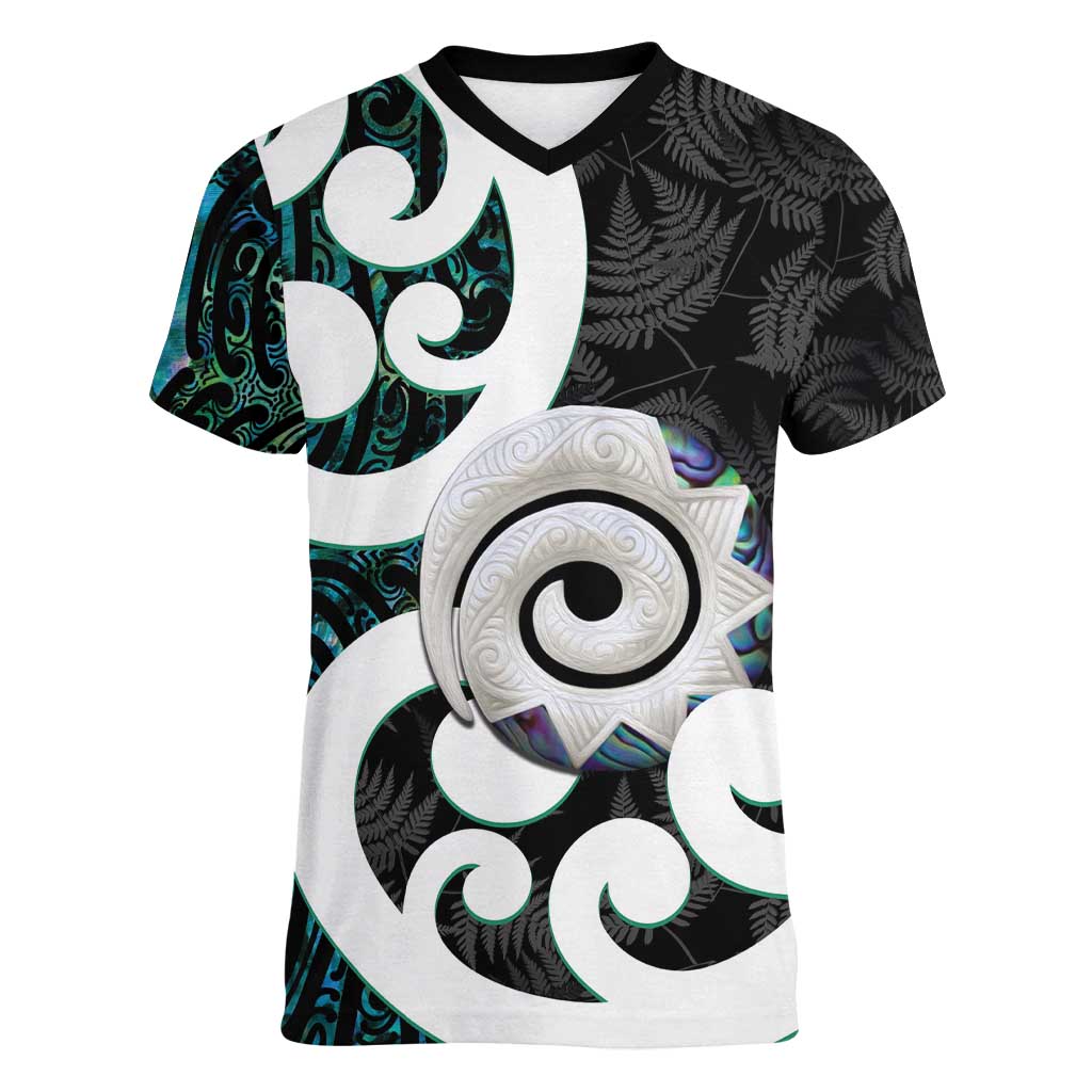 Aotearoa Koru Women V-Neck T-Shirt Cyan Maori Paua Shell Mix Silver Fern - Vibe Hoodie Shop