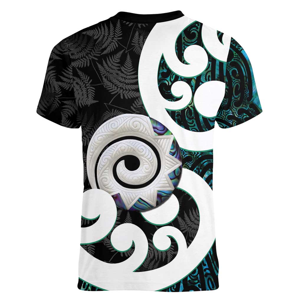 Aotearoa Koru Women V-Neck T-Shirt Cyan Maori Paua Shell Mix Silver Fern - Vibe Hoodie Shop