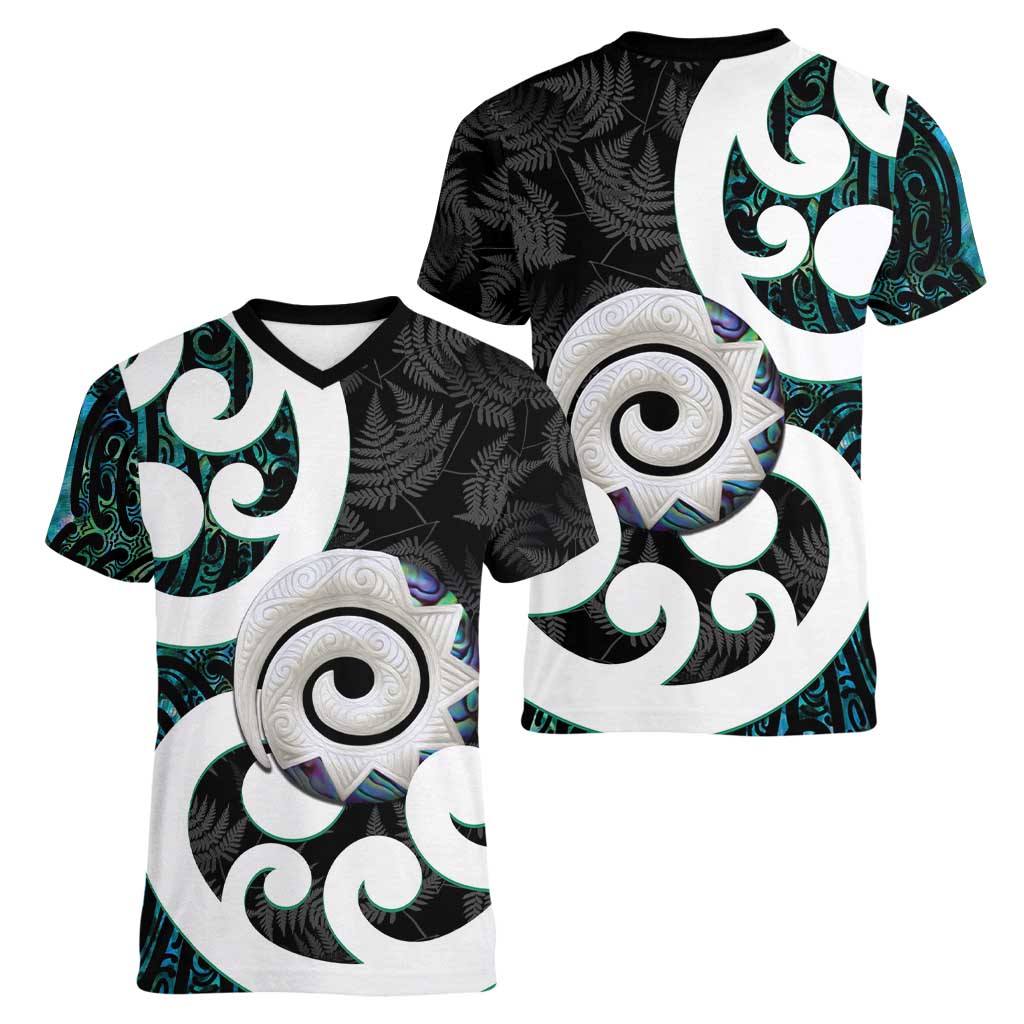 Aotearoa Koru Women V-Neck T-Shirt Cyan Maori Paua Shell Mix Silver Fern - Vibe Hoodie Shop