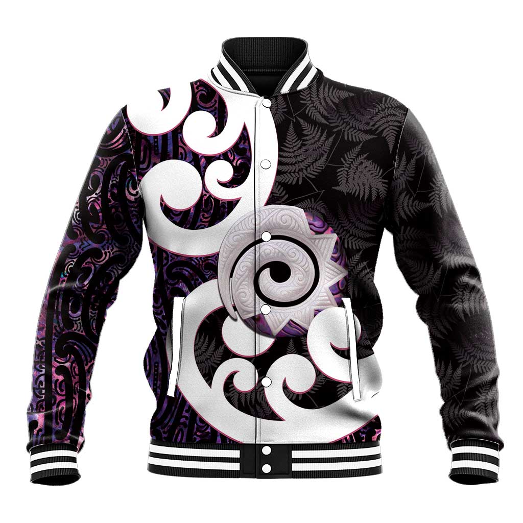 Aotearoa Koru Baseball Jacket Purple Maori Paua Shell Mix Silver Fern - Vibe Hoodie Shop