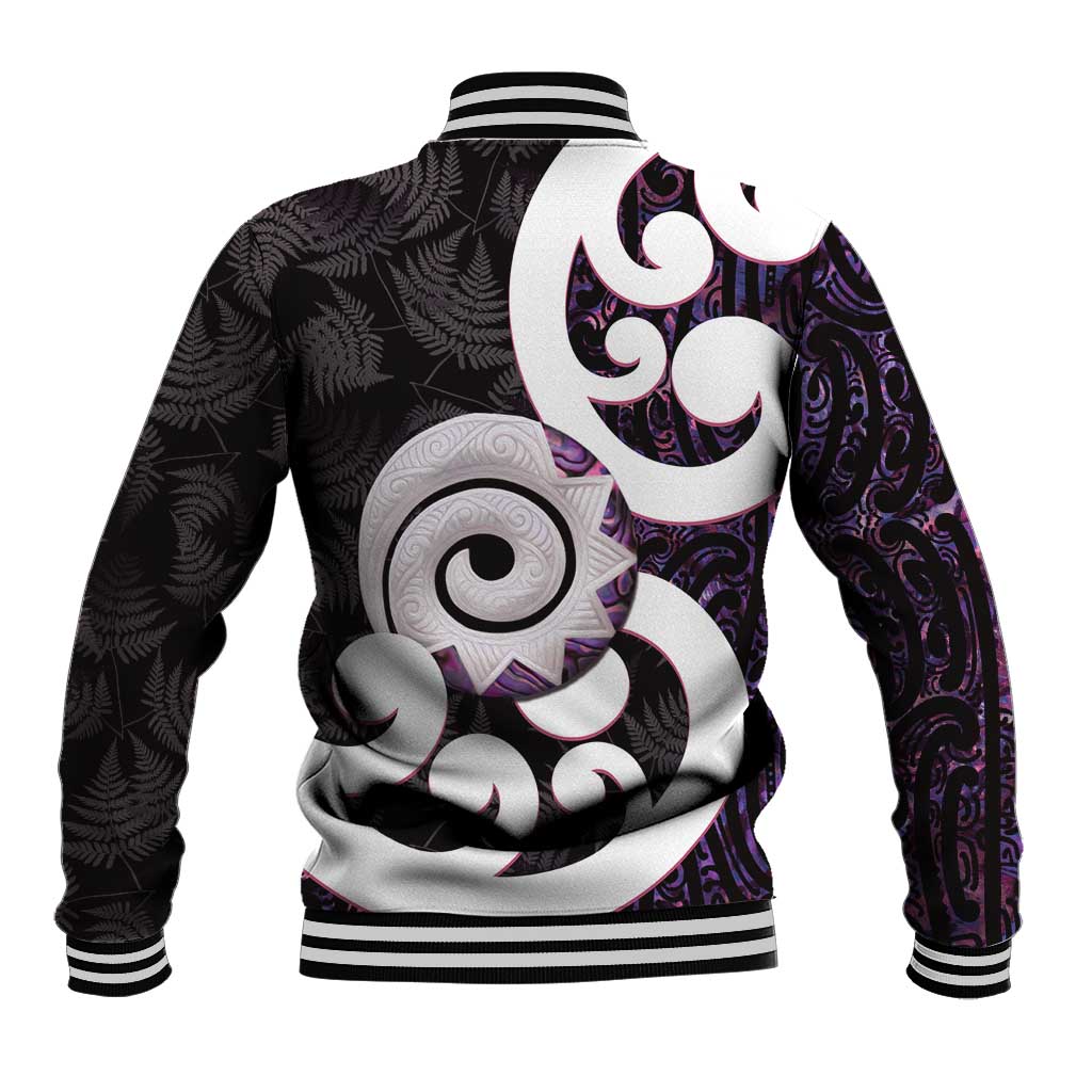 Aotearoa Koru Baseball Jacket Purple Maori Paua Shell Mix Silver Fern - Vibe Hoodie Shop