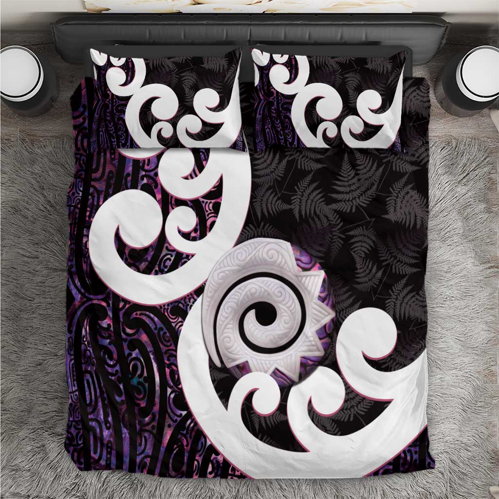 Aotearoa Koru Bedding Set Purple Maori Paua Shell Mix Silver Fern - Vibe Hoodie Shop