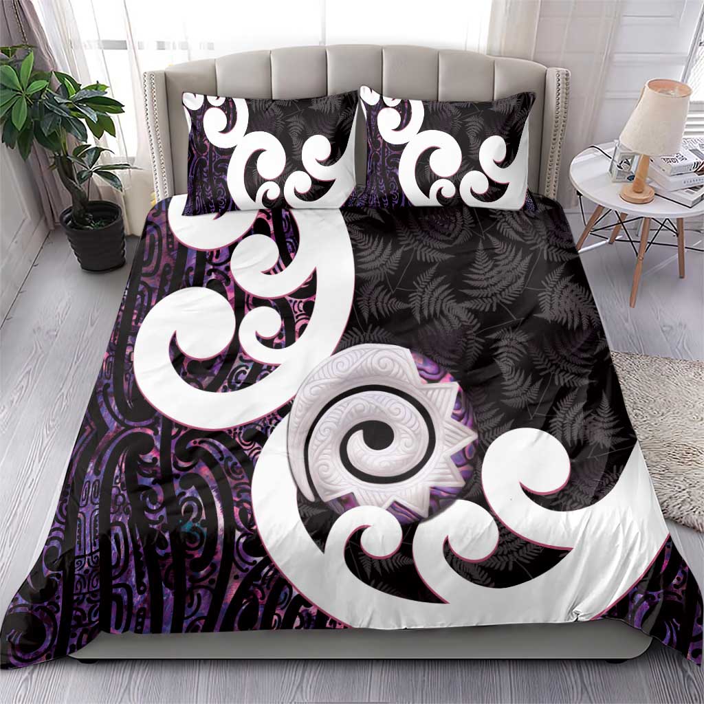 Aotearoa Koru Bedding Set Purple Maori Paua Shell Mix Silver Fern - Vibe Hoodie Shop