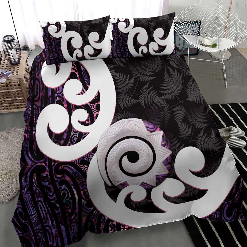 Aotearoa Koru Bedding Set Purple Maori Paua Shell Mix Silver Fern - Vibe Hoodie Shop