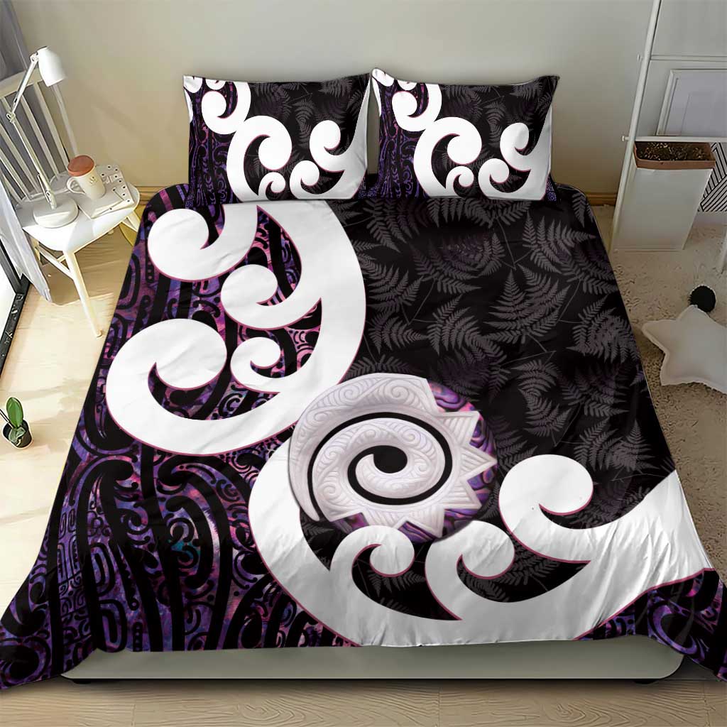 Aotearoa Koru Bedding Set Purple Maori Paua Shell Mix Silver Fern - Vibe Hoodie Shop