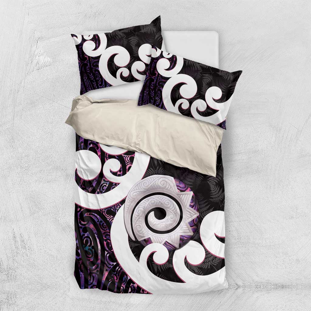 Aotearoa Koru Bedding Set Purple Maori Paua Shell Mix Silver Fern - Vibe Hoodie Shop