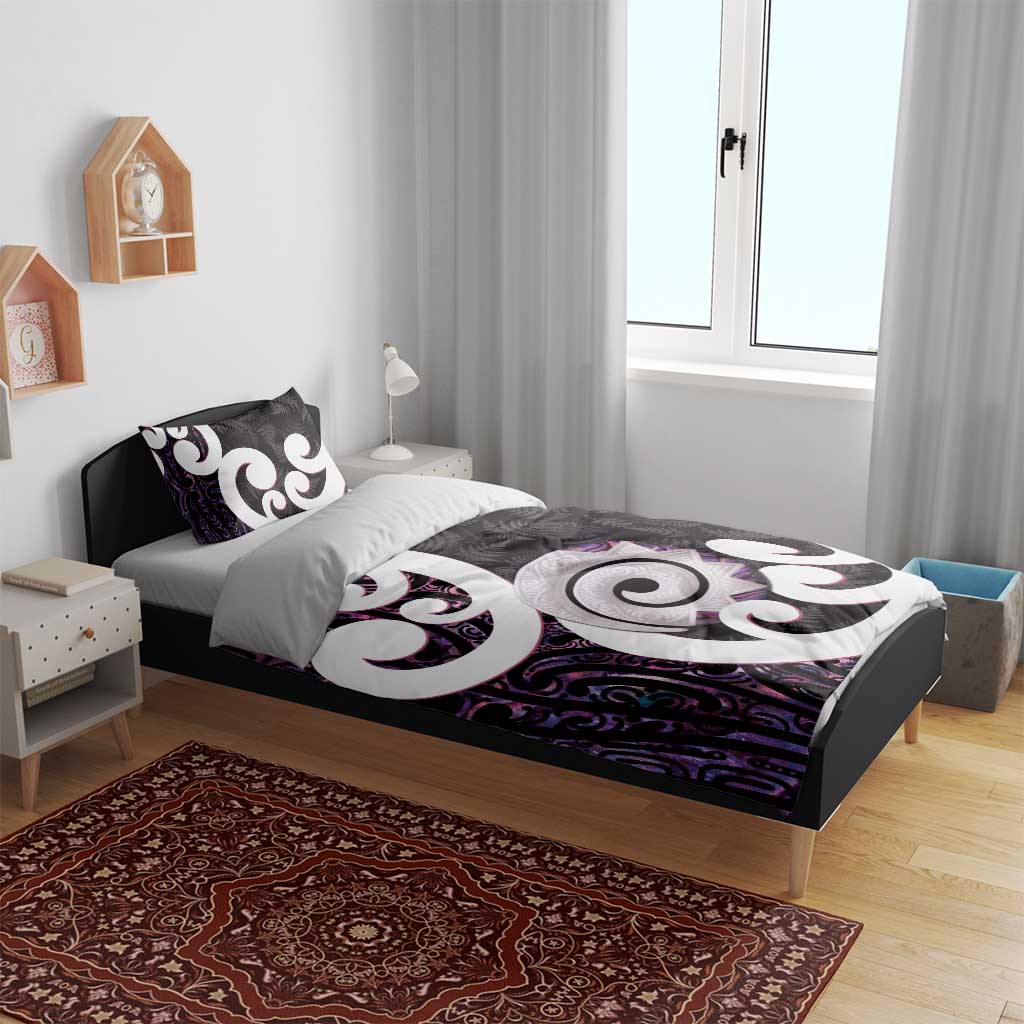 Aotearoa Koru Bedding Set Purple Maori Paua Shell Mix Silver Fern - Vibe Hoodie Shop