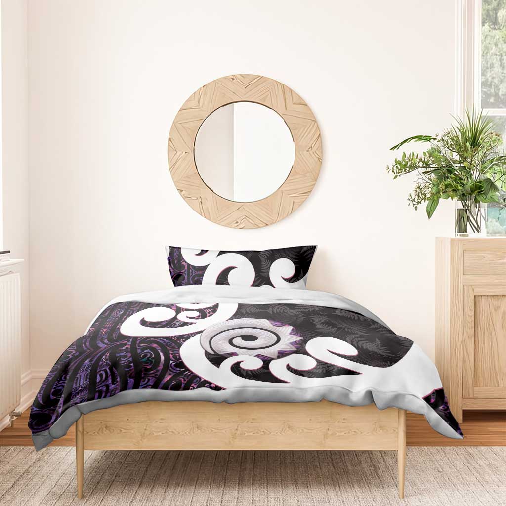 Aotearoa Koru Bedding Set Purple Maori Paua Shell Mix Silver Fern - Vibe Hoodie Shop