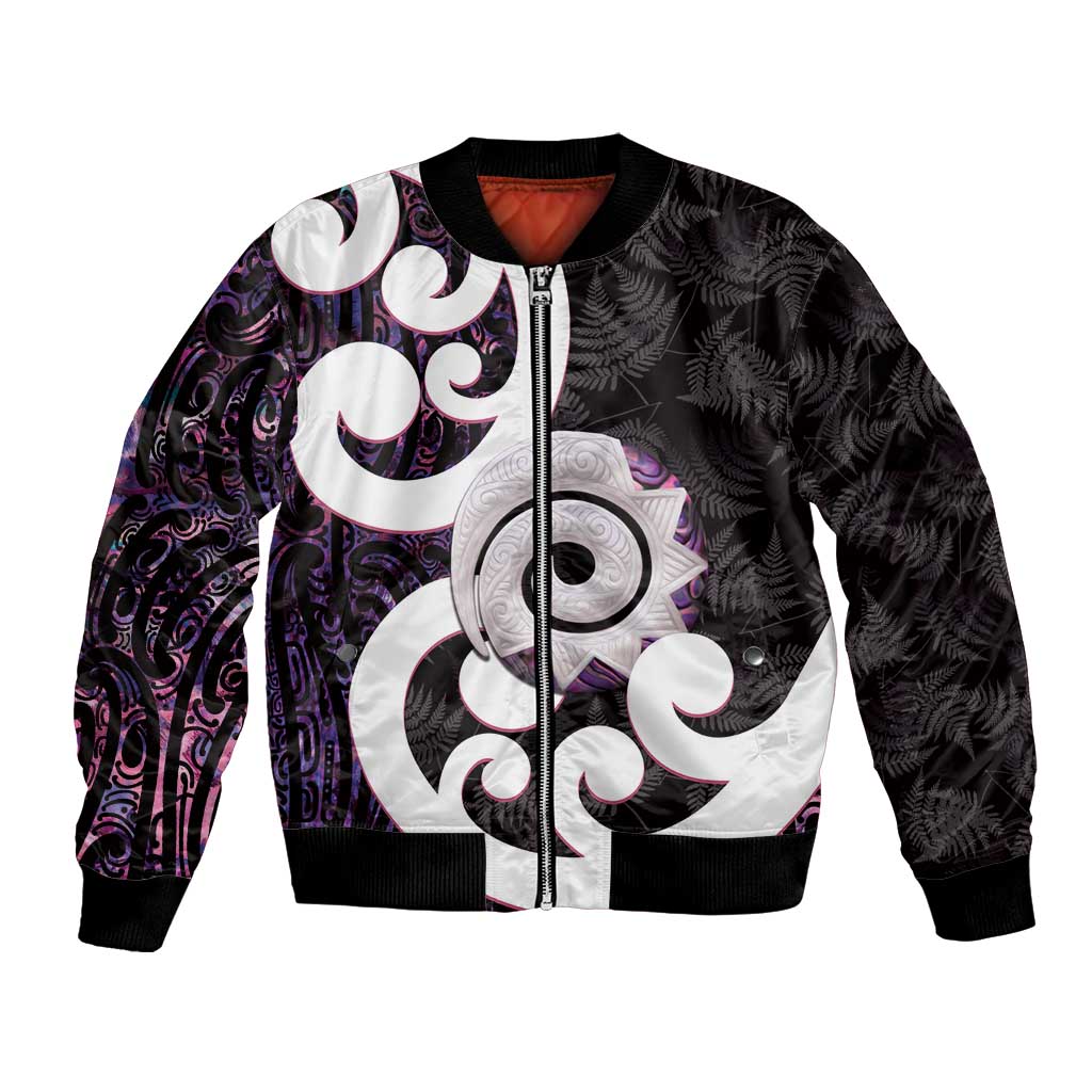 Aotearoa Koru Bomber Jacket Purple Maori Paua Shell Mix Silver Fern - Vibe Hoodie Shop