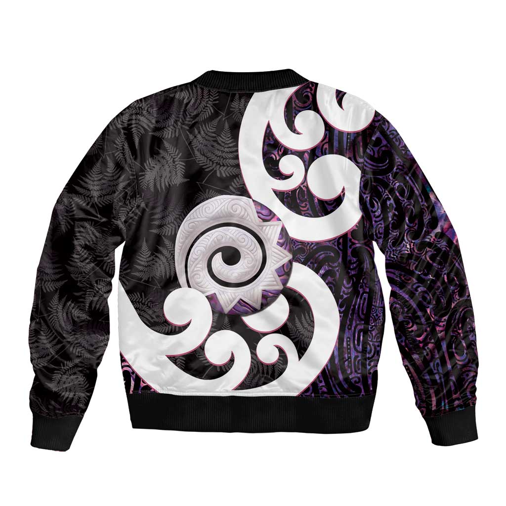 Aotearoa Koru Bomber Jacket Purple Maori Paua Shell Mix Silver Fern - Vibe Hoodie Shop