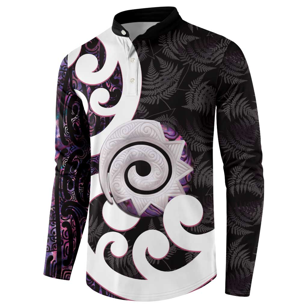 Aotearoa Koru Button Sweatshirt Purple Maori Paua Shell Mix Silver Fern