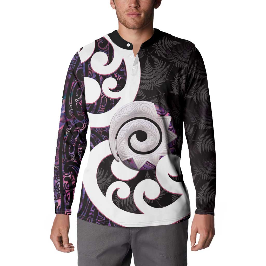 Aotearoa Koru Button Sweatshirt Purple Maori Paua Shell Mix Silver Fern