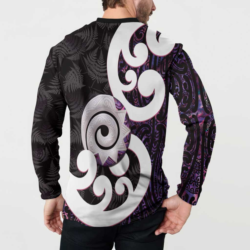 Aotearoa Koru Button Sweatshirt Purple Maori Paua Shell Mix Silver Fern