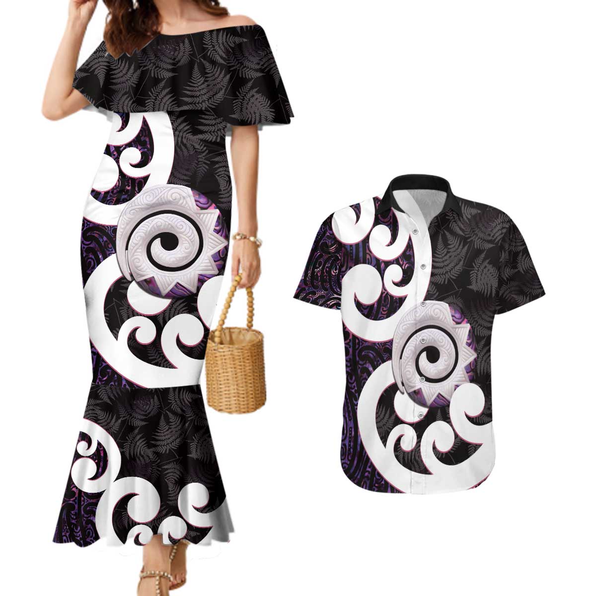 Aotearoa Koru Couples Matching Mermaid Dress and Hawaiian Shirt Purple Maori Paua Shell Mix Silver Fern