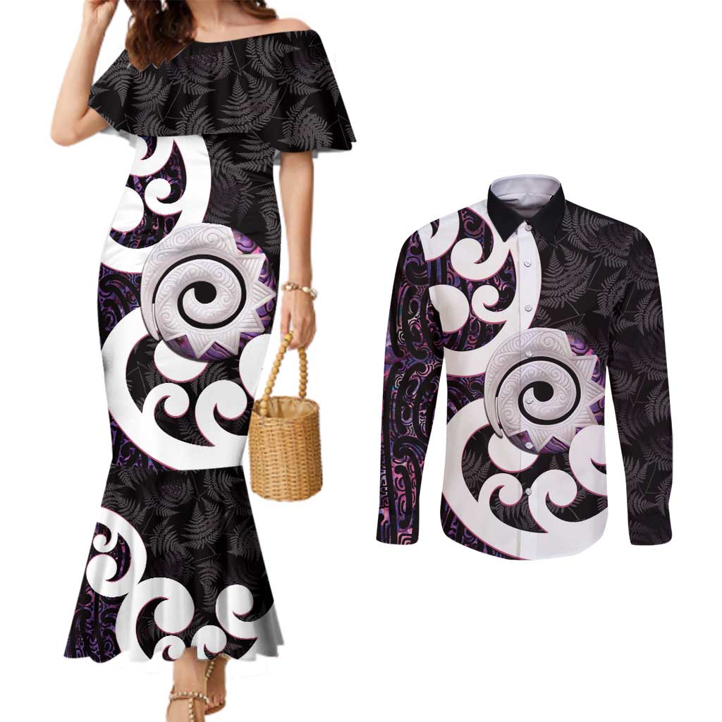 Aotearoa Koru Couples Matching Mermaid Dress and Long Sleeve Button Shirt Purple Maori Paua Shell Mix Silver Fern