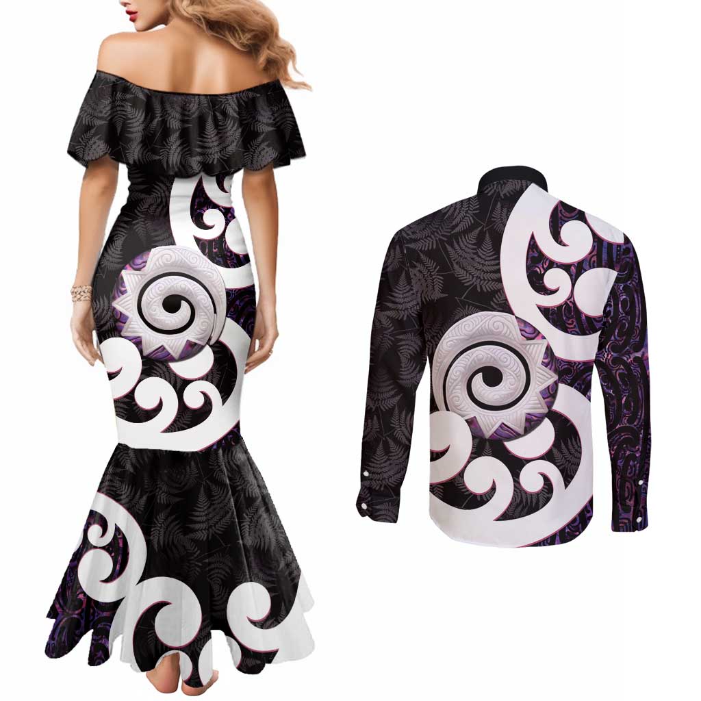 Aotearoa Koru Couples Matching Mermaid Dress and Long Sleeve Button Shirt Purple Maori Paua Shell Mix Silver Fern