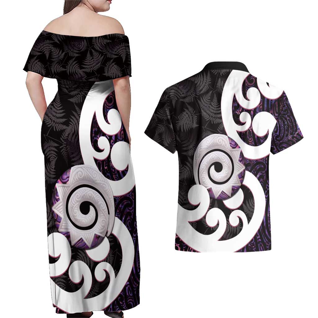 Aotearoa Koru Couples Matching Off Shoulder Maxi Dress and Hawaiian Shirt Purple Maori Paua Shell Mix Silver Fern