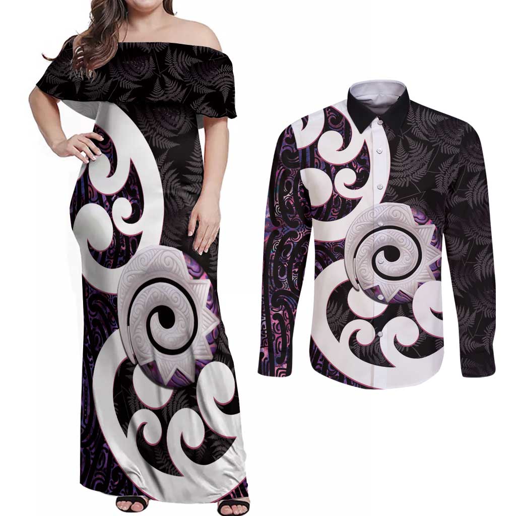 Aotearoa Koru Couples Matching Off Shoulder Maxi Dress and Long Sleeve Button Shirt Purple Maori Paua Shell Mix Silver Fern