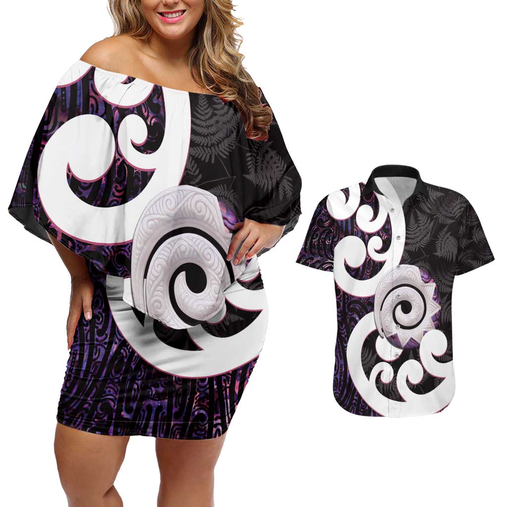 Aotearoa Koru Couples Matching Off Shoulder Short Dress and Hawaiian Shirt Purple Maori Paua Shell Mix Silver Fern