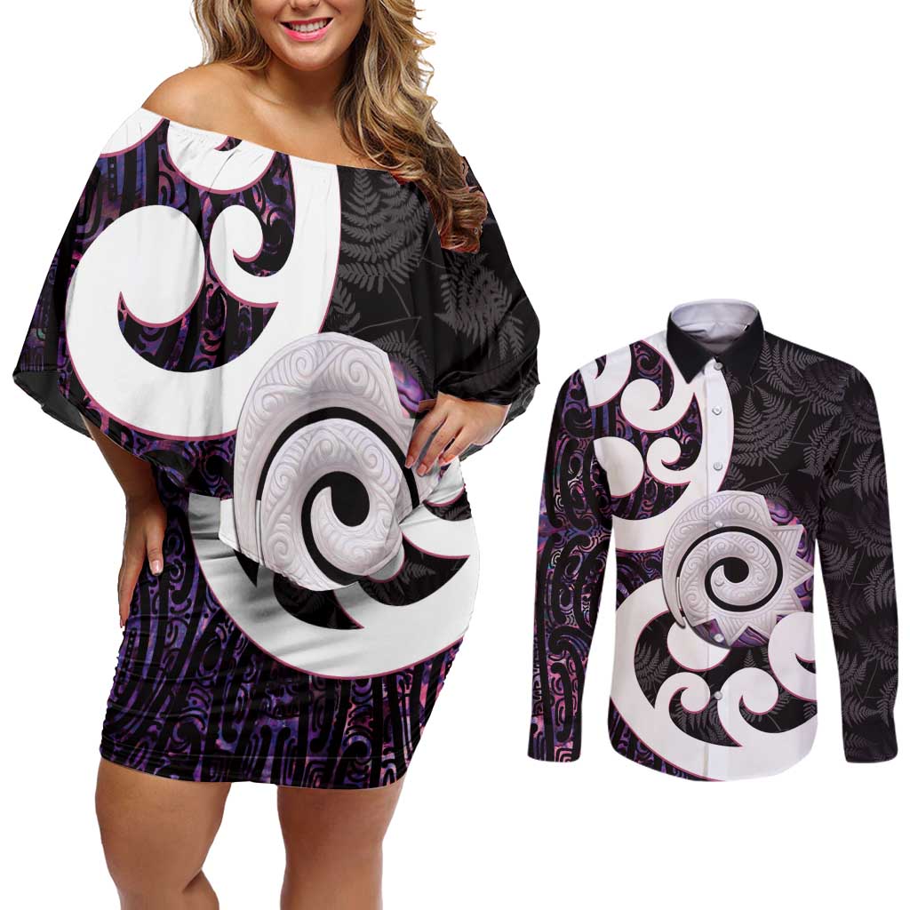 Aotearoa Koru Couples Matching Off Shoulder Short Dress and Long Sleeve Button Shirt Purple Maori Paua Shell Mix Silver Fern