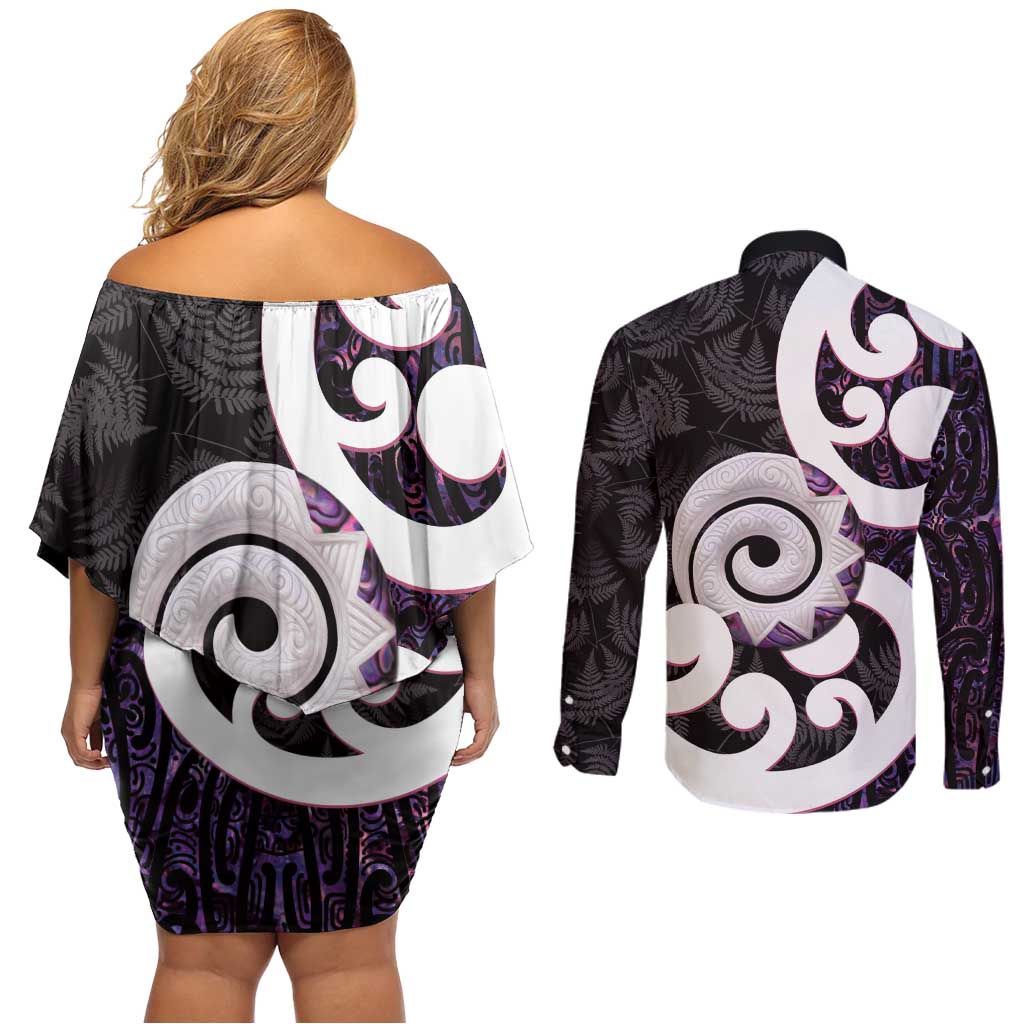 Aotearoa Koru Couples Matching Off Shoulder Short Dress and Long Sleeve Button Shirt Purple Maori Paua Shell Mix Silver Fern