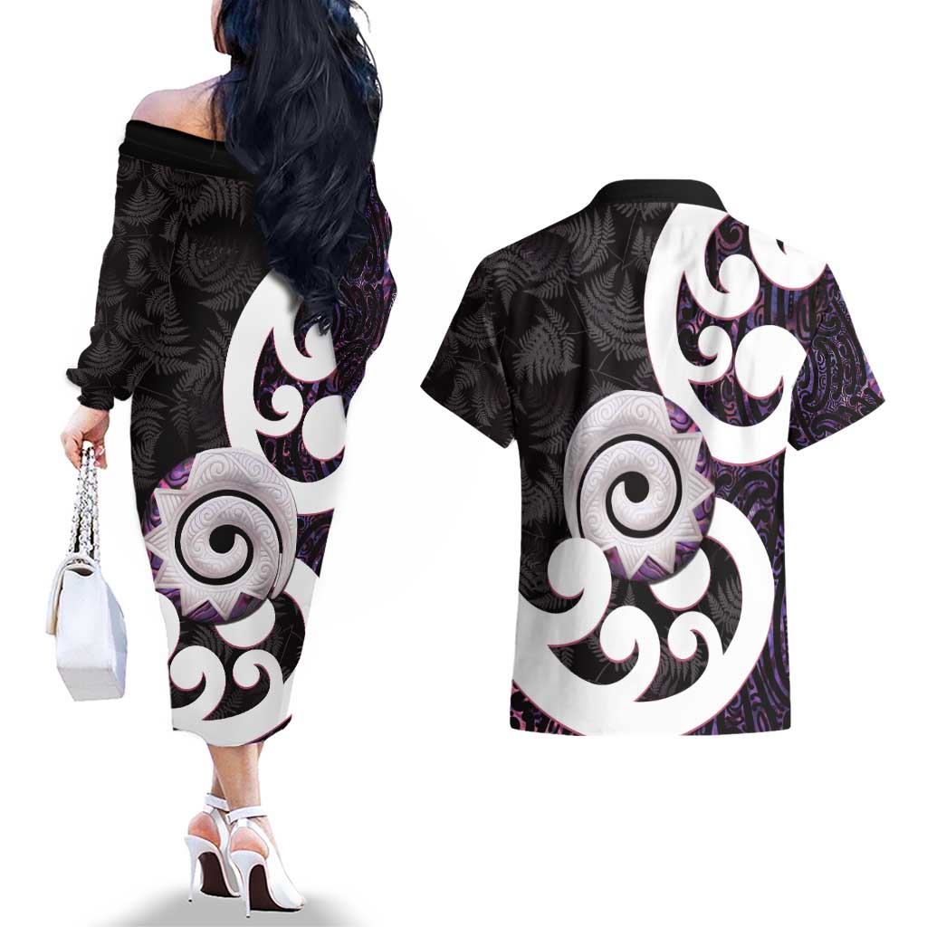 Aotearoa Koru Couples Matching Off The Shoulder Long Sleeve Dress and Hawaiian Shirt Purple Maori Paua Shell Mix Silver Fern