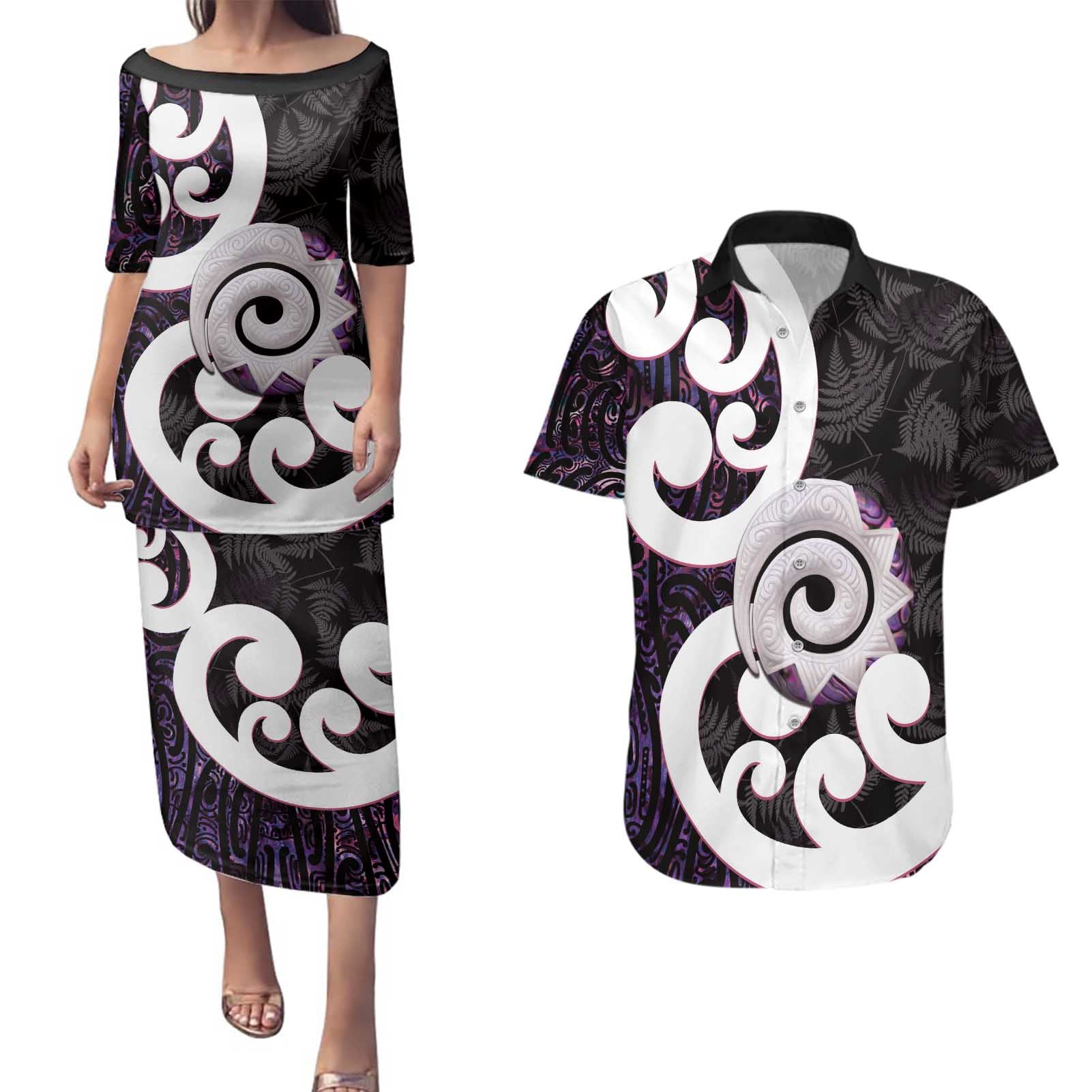 Aotearoa Koru Couples Matching Puletasi and Hawaiian Shirt Purple Maori Paua Shell Mix Silver Fern