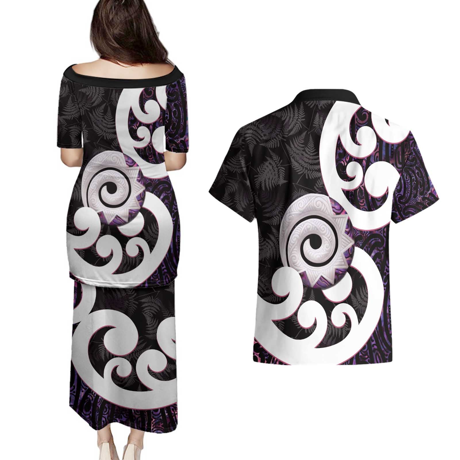 Aotearoa Koru Couples Matching Puletasi and Hawaiian Shirt Purple Maori Paua Shell Mix Silver Fern