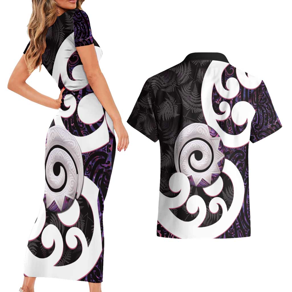 Aotearoa Koru Couples Matching Short Sleeve Bodycon Dress and Hawaiian Shirt Purple Maori Paua Shell Mix Silver Fern