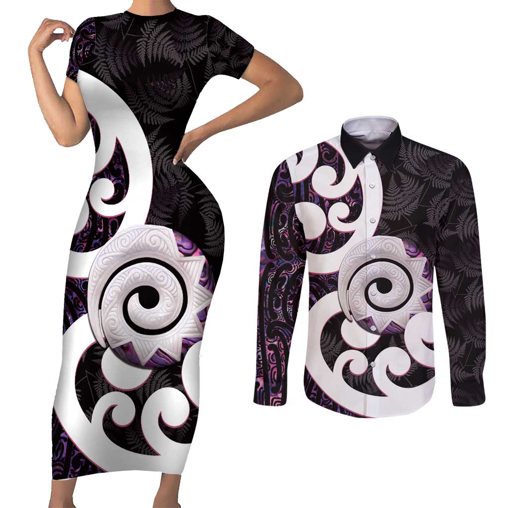 Aotearoa Koru Couples Matching Short Sleeve Bodycon Dress and Long Sleeve Button Shirt Purple Maori Paua Shell Mix Silver Fern