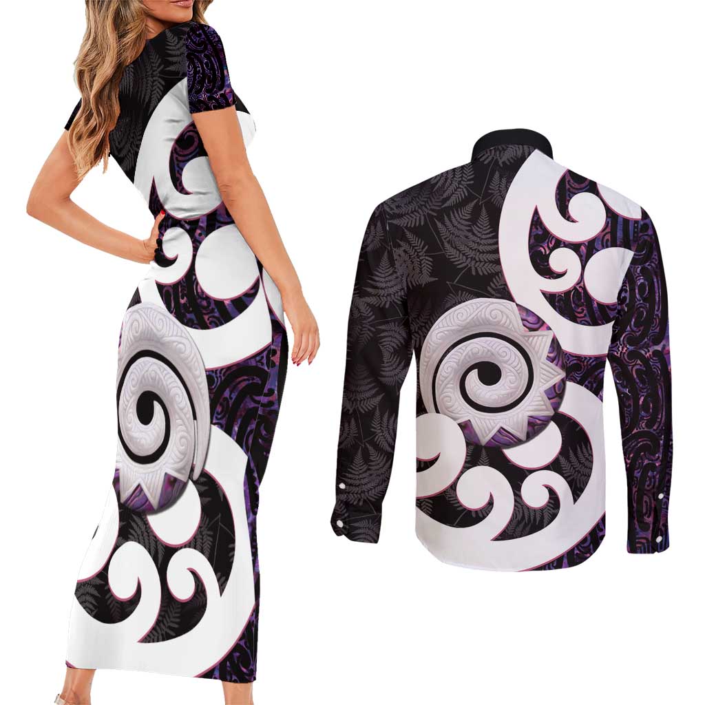 Aotearoa Koru Couples Matching Short Sleeve Bodycon Dress and Long Sleeve Button Shirt Purple Maori Paua Shell Mix Silver Fern