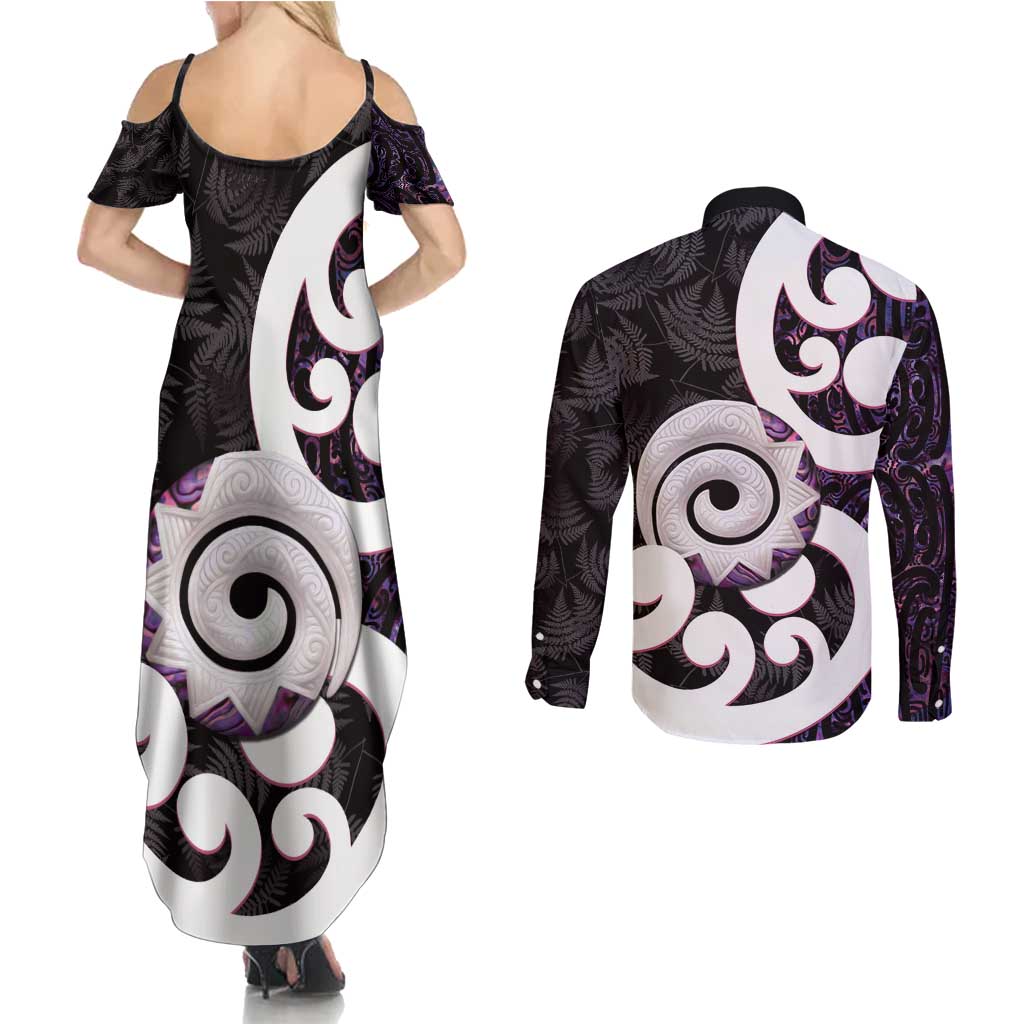 Aotearoa Koru Couples Matching Summer Maxi Dress and Long Sleeve Button Shirt Purple Maori Paua Shell Mix Silver Fern