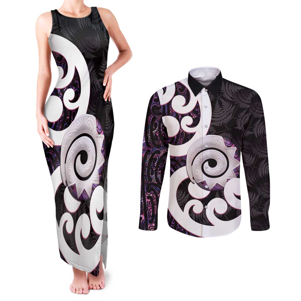 Aotearoa Koru Couples Matching Tank Maxi Dress and Long Sleeve Button Shirt Purple Maori Paua Shell Mix Silver Fern