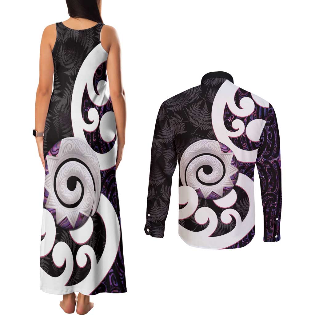 Aotearoa Koru Couples Matching Tank Maxi Dress and Long Sleeve Button Shirt Purple Maori Paua Shell Mix Silver Fern