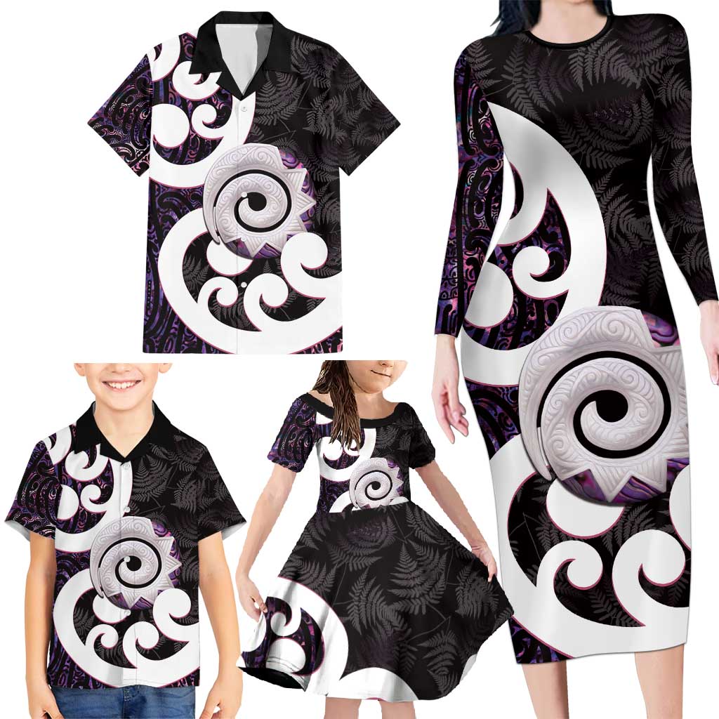 Aotearoa Koru Family Matching Long Sleeve Bodycon Dress and Hawaiian Shirt Purple Maori Paua Shell Mix Silver Fern