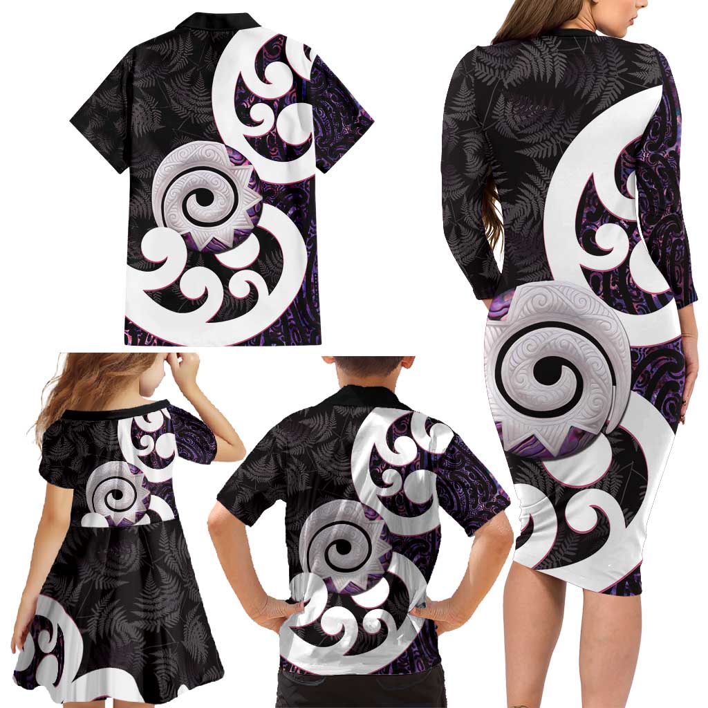 Aotearoa Koru Family Matching Long Sleeve Bodycon Dress and Hawaiian Shirt Purple Maori Paua Shell Mix Silver Fern