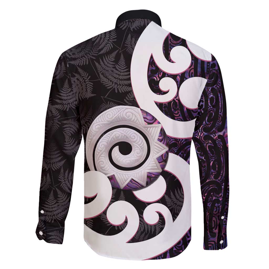 Aotearoa Koru Family Matching Long Sleeve Bodycon Dress and Hawaiian Shirt Purple Maori Paua Shell Mix Silver Fern