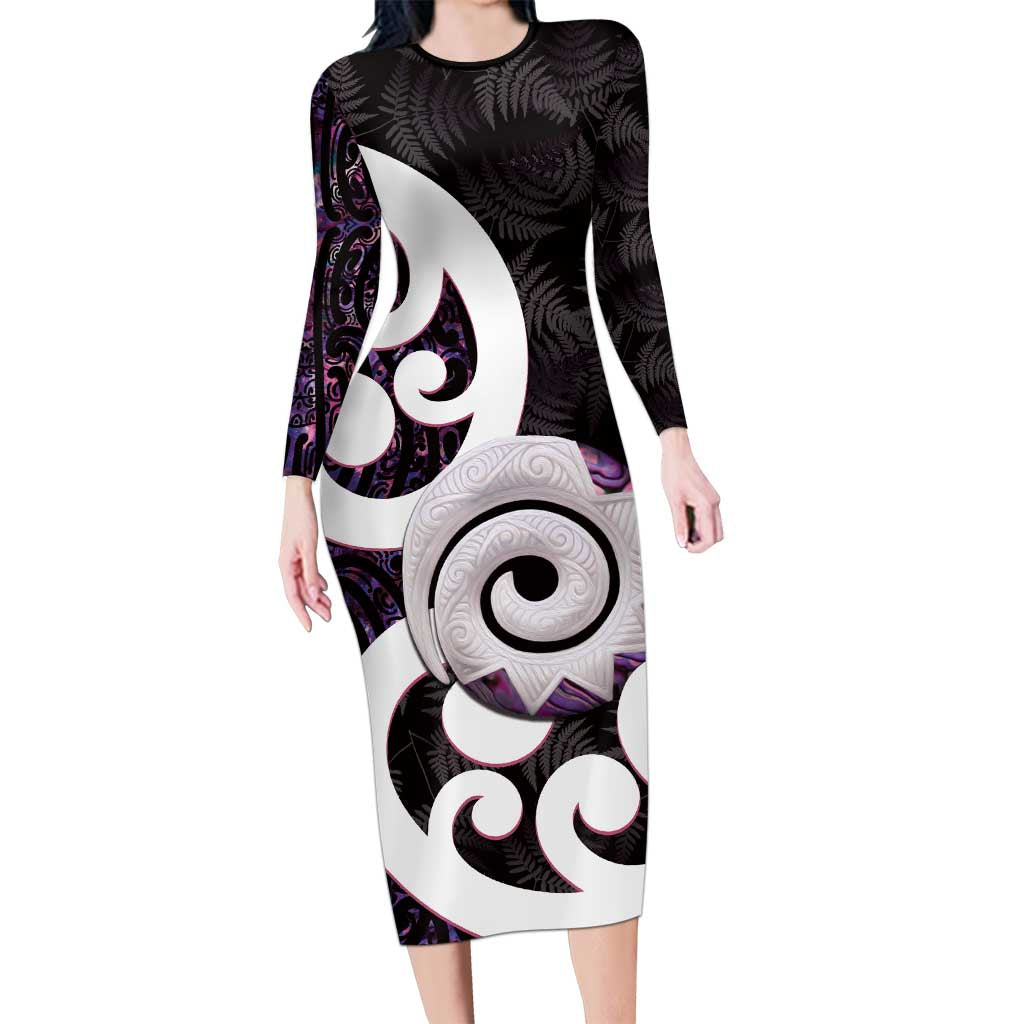 Aotearoa Koru Family Matching Long Sleeve Bodycon Dress and Hawaiian Shirt Purple Maori Paua Shell Mix Silver Fern