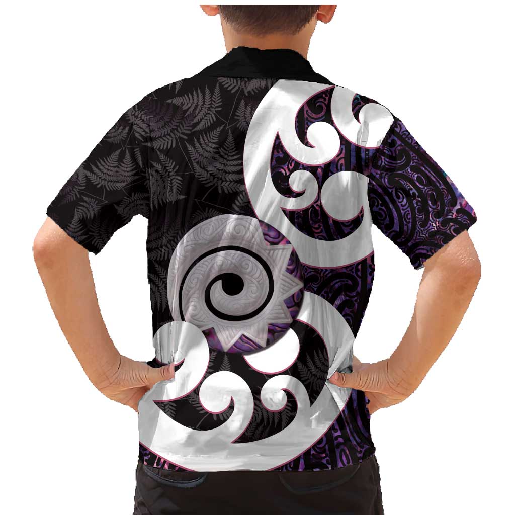 Aotearoa Koru Family Matching Mermaid Dress and Hawaiian Shirt Purple Maori Paua Shell Mix Silver Fern