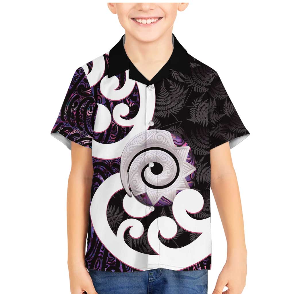 Aotearoa Koru Family Matching Mermaid Dress and Hawaiian Shirt Purple Maori Paua Shell Mix Silver Fern