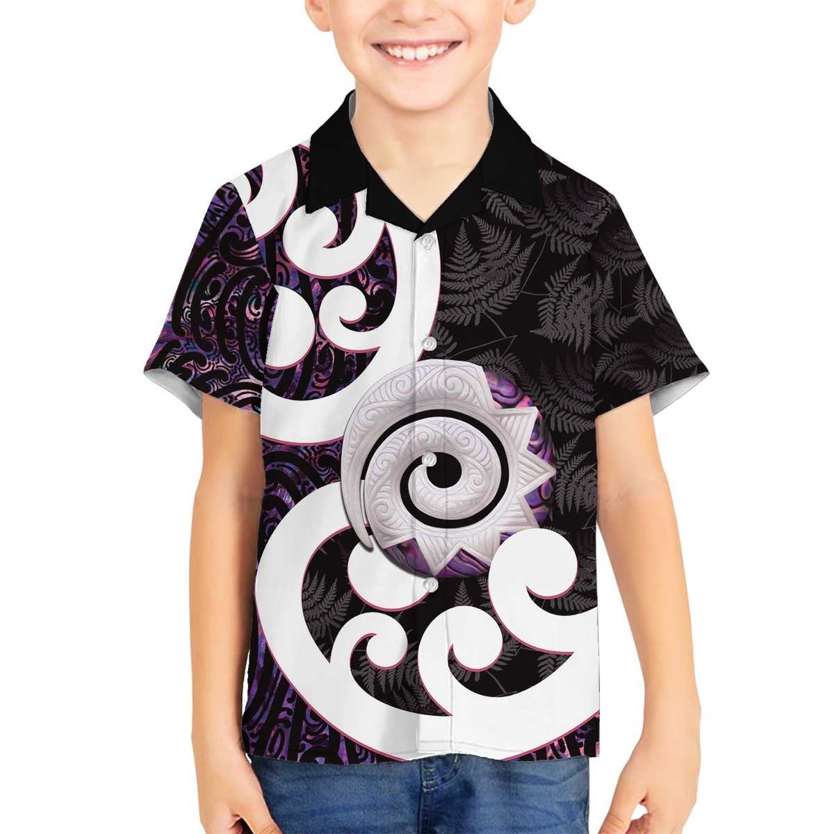 Aotearoa Koru Family Matching Off The Shoulder Long Sleeve Dress and Hawaiian Shirt Purple Maori Paua Shell Mix Silver Fern