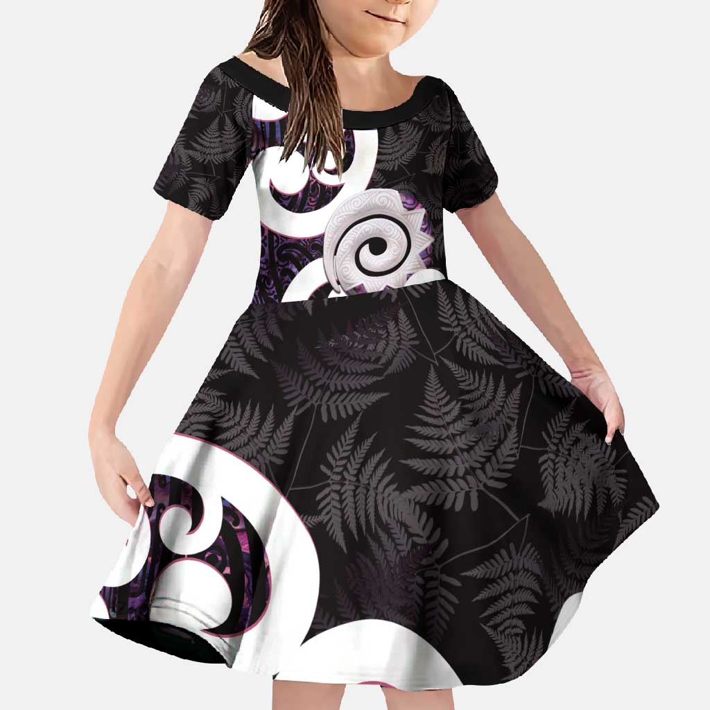 Aotearoa Koru Family Matching Off Shoulder Maxi Dress and Hawaiian Shirt Purple Maori Paua Shell Mix Silver Fern